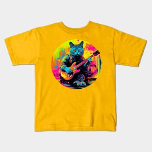 Cat Playing Guitar Funny Cat With Guitar Cute Cat Guitar Kids T-Shirt